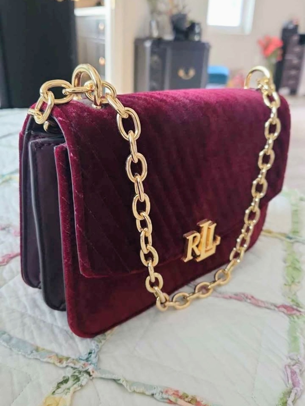 Ralph Lauren Quilted Velvet Shoulder Bag in Burgundy with Gold Chain